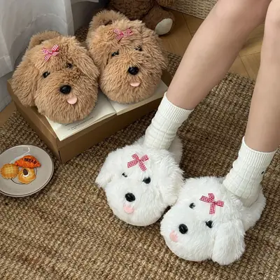 Super cute women's cotton slippers for winter, home use, with tongue-out puppy design, plush lined, warm, indoor non-slip soft-soled furry slippers