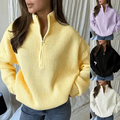 2026 European and American Amazon cross-border autumn and winter loose-fitting versatile knitted pullover casual style zippered sweater for outerwear