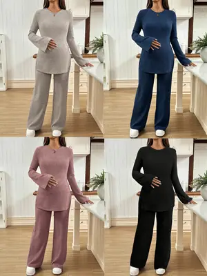 Ribbed Knit Maternity Set: Flared Long-Sleeve Slit Top and Wide-Leg Pants, Casual Home and Outdoor Two-Piece Outfit