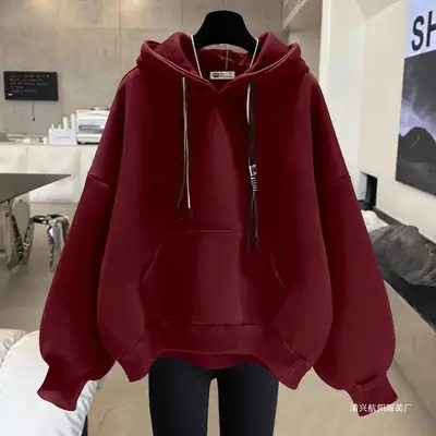 New autumn and winter design for plus-size girls, unique hooded sweatshirt for women, fleece-lined, thickened, large size, loose fit, versatile top for women