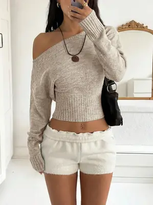 2026 new European and American style off-the-shoulder knit top for women, featuring a cropped design, perfect for autumn and winter, with a relaxed and chic vibe