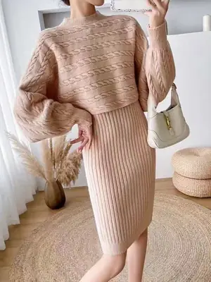 Cross-border women's clothing set, new autumn and winter Korean-style loose sweater top two-piece set with knitted suspender dress