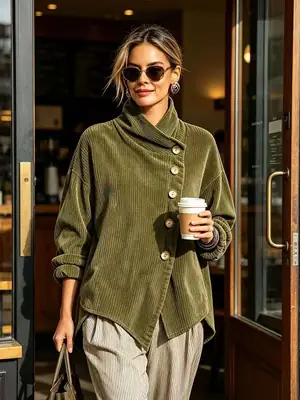 2026 Cross-Border European and American Autumn and Winter New Corduroy Irregular Loose Shoulder-Drop Diagonal Button Jacket for Women