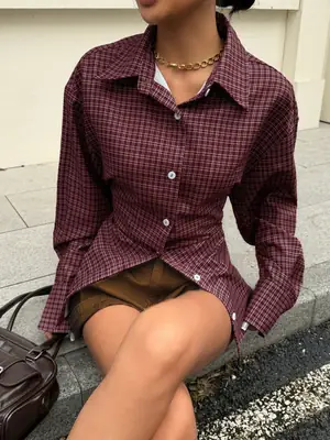 2026 New Cross-Border European and American Amazon Autumn and Winter Women's Retro Brown Plaid Waist-Cinching Long-Sleeved Shirt