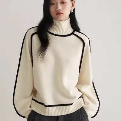 Cross-border women's fashion sweater, stylish half-high collar, raglan sleeve top, elegant ribbed knit base shirt for women