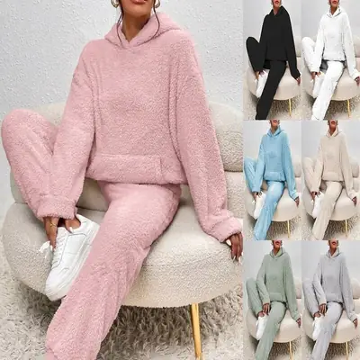 In-Stock European and American Cross-Border 2025 Autumn and Winter Solid Color Women's Hooded Long-Sleeve Patch Pocket Casual Long Pants Home Two-Piece Set