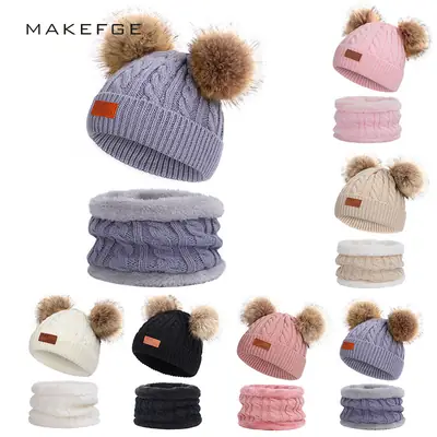 Winter Kidsren's Scarf Hat Two-Piece Set Pom-Pom Baby Baby Knitted Hat Warm Wool Fleece-Lined Thickeneded Neck Cover