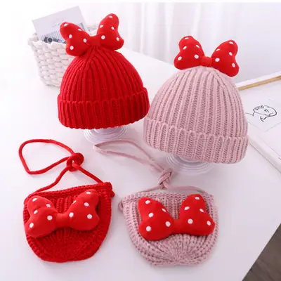Baby girl hat cute bowknot girls' wool hat baby Autumn and Winter Children's hat bag suit