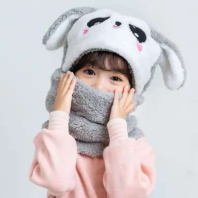 Rabbit Ear Hat Scarf Integrated Children's Winter Warm Scarf Hat Women's Cute Thickened Plush Girls' Ear Protection Hat