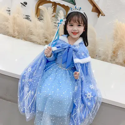 Carefully Selected Frozen Cape and Cloak with Vest, Elsa Princess Style, Autumn and Winter Children's Tie-On Warm Outerwear for Older Kids