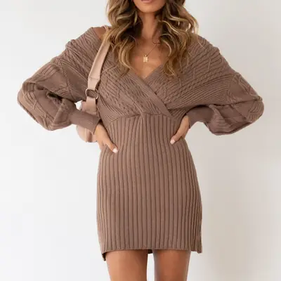 European and American V Neck Backless Knitted Dress 2025 Autumn and Winter New Women's Mid-Length Sweater Hip Skirt