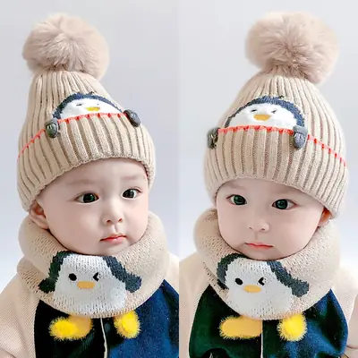 Cartoon Penguin Kidsren's Knitted Hat Winter New Kidsren's Hat Baby Warm Scarf Set Baby Woolen Hat