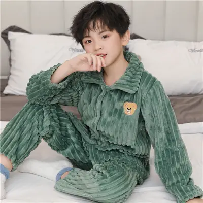 Children's Autumn and Winter Flannel Pajamas for Boys and Girls Spring Fleece-lined Thickened Baby's Coral Fleece Suit Home Clothes