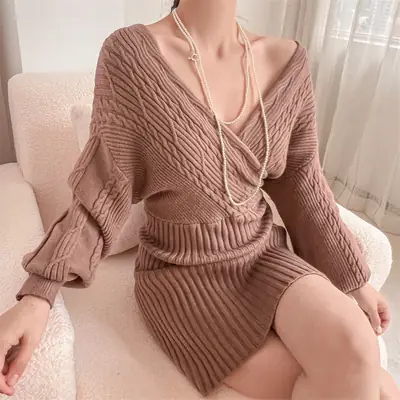 Japanese Style Sexy V Neck Knitted Dress 2025 Autumn and Winter New Bat Sleeve Twist Pure Color Sweater Women's Hip Skirt
