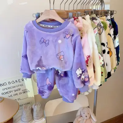 Children's Flannel Pajamas suit Autumn and Winter Men's and Women's Middle and Big Children's Warm fleece-lined Thickened Autumn Clothes Autumn Trousers Home Clothes