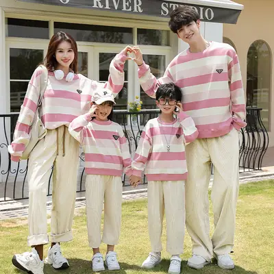 Parent-Child Clothing Spring & Fall 2024 New Style Stripesd Sweatshirt Mother and Daughter Clothing for a Family of Three or Four Tops and Pants Suits
