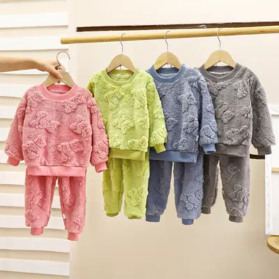 Children's Pajamas Set Flannel Warm Autumn and Winter New Boys' Thickeneded Home Clothes Baby Plus Fleece Clothes Kidsren's Clothing