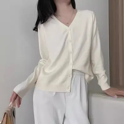 V-neck single-breasted knitted cardigan women's solid color sweater women's coat autumn and winter New lazy style loose coat women
