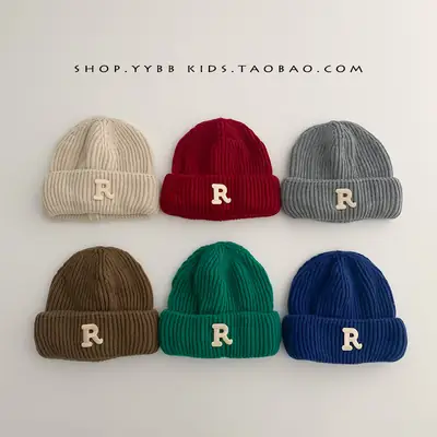 Baby embroidered letter wool hat autumn and winter boys and girls warm thickened baby hat pullover knitted hat