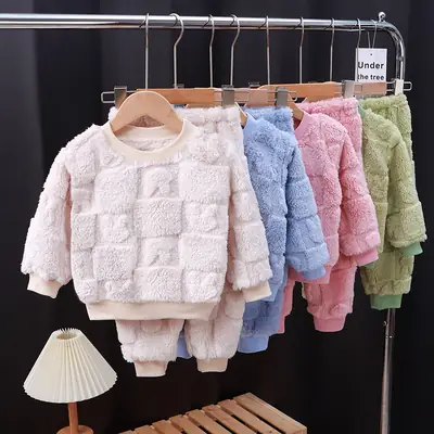 Children's Autumn and Winter Flannel Pajamas Set Korean Style Boys' Velvet Thickeneded Home Clothes Girls' Thermal Intimates Set