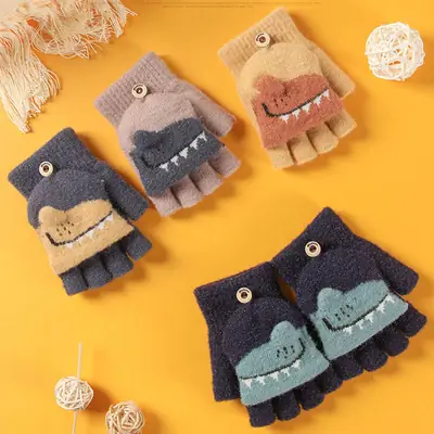 Children's winter warm flip half finger gloves crystal yarn mink cute little dinosaur open finger student writing gloves