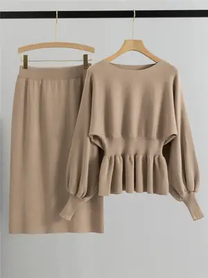 Cross-Border Foreign Trade Versatile Ladylike Two-Piece Set Ruffled Sweater High-Waist Slim Skirt Suit for Women in Autumn