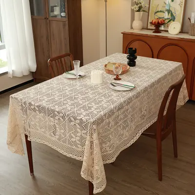 American-Style Retro Crochet Tablecloth, Non-Slip Cover Cloth, Woven Hollow-Out Tablecloth, Beige Cotton Placemat, Cross-Border Dropshipping