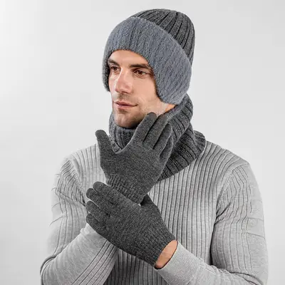 Winter Solid Color Striped Hat and Neck Warmer Knit Set for Men and Women, Fleece-Lined, Thickened, Warm Pullover Neck Warmer, Cross-Border Simple Style