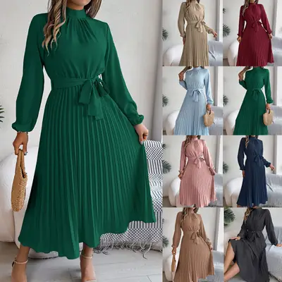 2026 European and American Autumn and Winter Elegant Stand-Collar Long-Sleeve Waist-Cinching Pleated Long Dress Cocktail Dress Amazon Cross-Border Women's Clothing