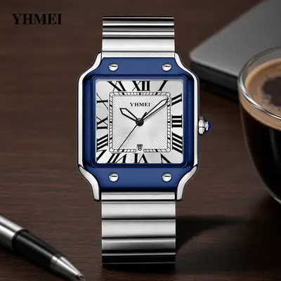 Yhmei Square Quartz Watch Men's Watch Stainless Steel Strap Calendar Waterproof Casual Wristwatch