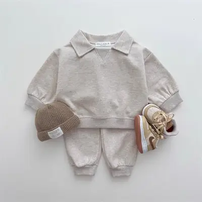Ins Korean Style Boys and Girls Baby Cotton Macaron Sweat Pants suit Two-Piece Set for Spring and Autumn