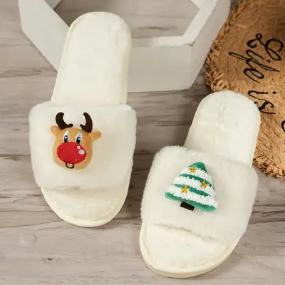 Cross-Border Amazon Foreign Trade Plus-Size Women's 2026 Autumn and Winter New Christmas Open-Toe Furry Home Cotton Slippers