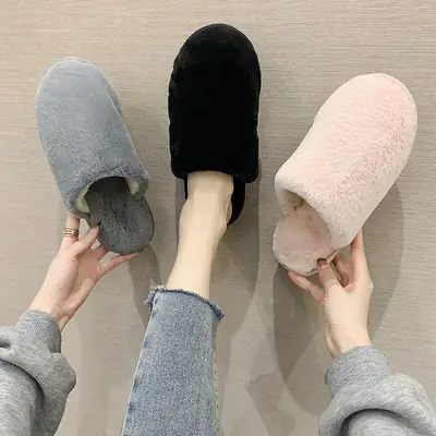Cotton Slippers Women's Autumn and Winter Outfit Indoor Home and Household Plush Warm-keeping Baotou Non-slip Moon Flat Wool Slippers
