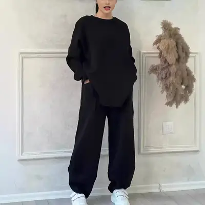 2026 European and American Cross-Border Autumn and Winter Women's Casual Solid Color Round Neck Long Sleeve Pocket Sports Suit Sweatshirt Loose Fit