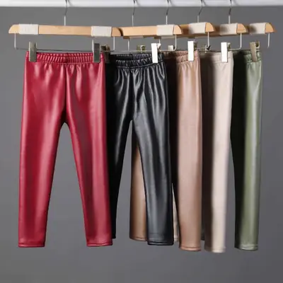 Children's imitation leather pants autumn and winter new children's fleece-lined warm pants girls one velvet slim pants factory direct sales