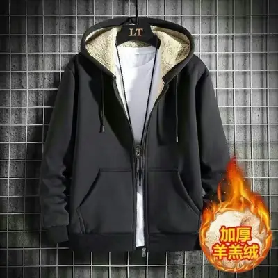 Winter fleece-lined Thickened Hooded Cardigan Sweater Men's New Fashionable All-match Warm Lamb Velvet Jacket Men's Cotton-padded Clothes