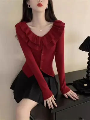 French Ruffled Double-Layer V-Neck Knitted Cardigan Women's Autumn and Winter Slim-Fit Elegant Irregular Niche Design Sweater