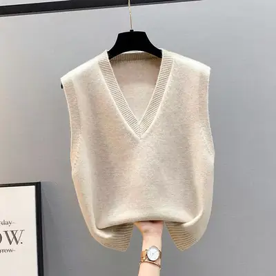 New Knitted Vest Jacket Spring and Autumn Vest Women's Sweater Korean-style V-neck Loose Autumn and Winter Vest Outer Wear