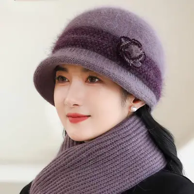 Winter Hat for Children Middle-aged and Elderly Mothers and Grandma Warm Thickened fleece-lined Windproof Rabbit Fur Knitted Wool Hat for Elderly