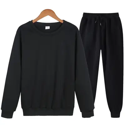 AliExpress New Fleece Men's Sweat suit Solid Color Spring and Autumn Round Neck Casual Sports Sweat Two-Piece Men's Sweat