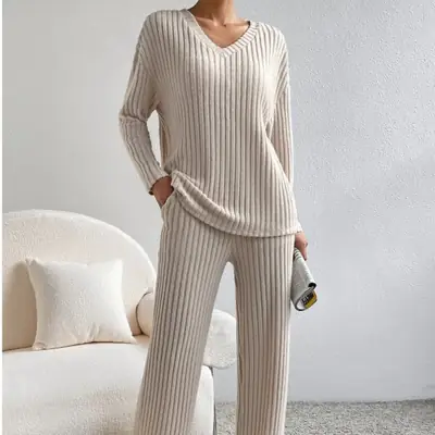 Cross-Border Two-Piece Set for Women 2025 Autum New Fashion Casual Straight Pants Elegant Loose V Neck Pit Strip Knitted Set