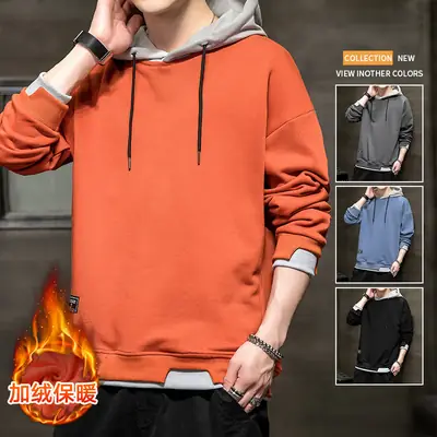 Winter fleece-lined Hooded Sweater Men's Korean Style Youth Casual Slim-fit Pullover Trendy Brand Sweater Men's Top Trendy