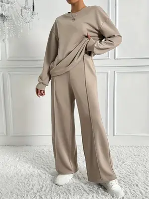 Women's Solid Color Crew Neck Sweatshirt and Sweatpants Two-Piece Set, Spring and Autumn Casual Loungewear, European and American Cross-Border Women's Clothing Wholesale