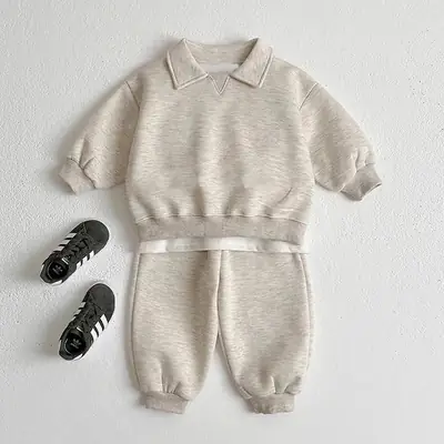 2026 Spring and Autumn New Style Children's Pure Cotton Sports Suit for Boys and Girls, Baby Turn-Down Collar Solid Color Trendy Sweatshirt Two-Piece Set
