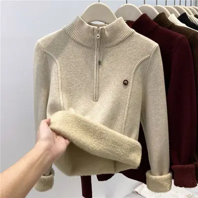 Thickened Stand-Up Collar Half-Zip Integrated Fleece High-Neck Sweater for Women, Autumn and Winter Inner Wear, Fleece-Lined Knitwear, Lazy Style