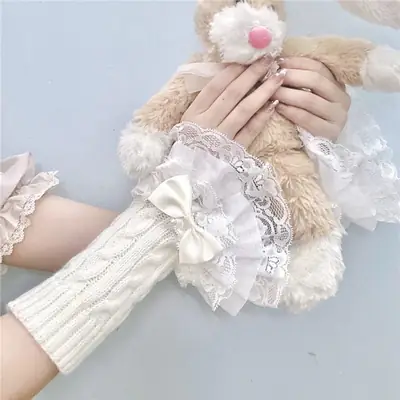 Millennium Y2K Spice Girl Lace Lace Bow Cute Girl Knitted Twist Hand Sleeve Fake Sleeve Gloves for Women