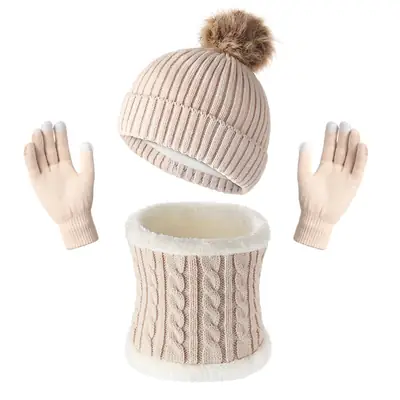 Original Design Fur Ball Hat, Touch Screen Gloves, Scarf Three-Piece Set, Winter Warm Acrylic Knit Gift Box Style