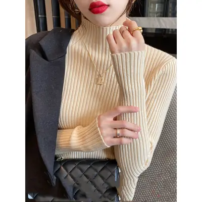 Half Turtleneck Sweater Base Shirt for Women, Autumn and Winter Thickened 2024 New Style, Versatile White Top, Stylish Knit
