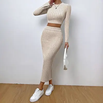 2025 European and American Clothing Amazon Spring Casual Fashion Round Neck Long-Sleeved Hip Skirt Knitted Suit
