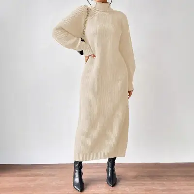 Amazon Cross-Border Foreign Trade Women's Sweater Dress Fashionable Pullover High-Neck Long-Sleeved Knitted Skirt Solid Color Long Inner Skirt